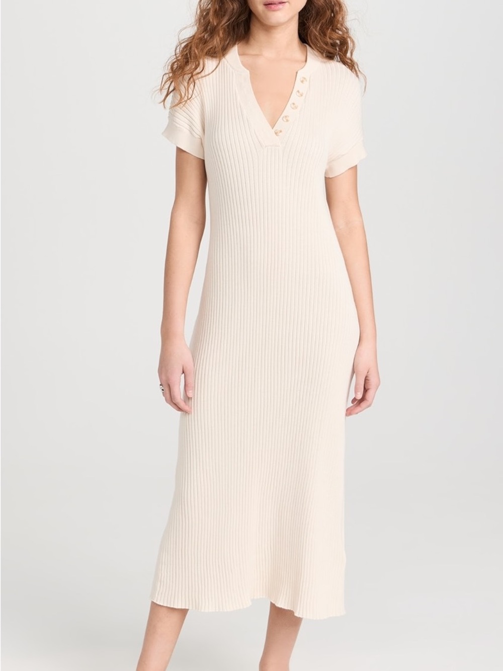 Varley Aria Knit Midi Dress Ribbed V-Neck Midi Dress in Cream